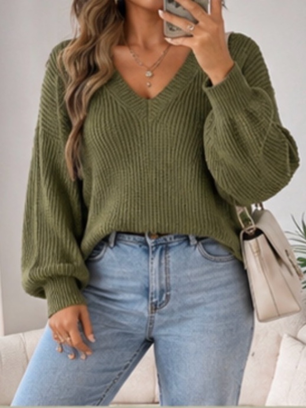 SHEIN Curve Olive Green V-Neck Oversized Knit Sweater – 1XL